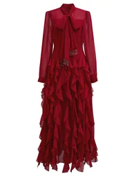 Beaded Tassel Bowknot Cascade Ruffle Chiffon Maxi Dress in Red - 1