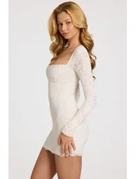 Scalloped-Lace Long-Sleeve Mini Dress in White - 4