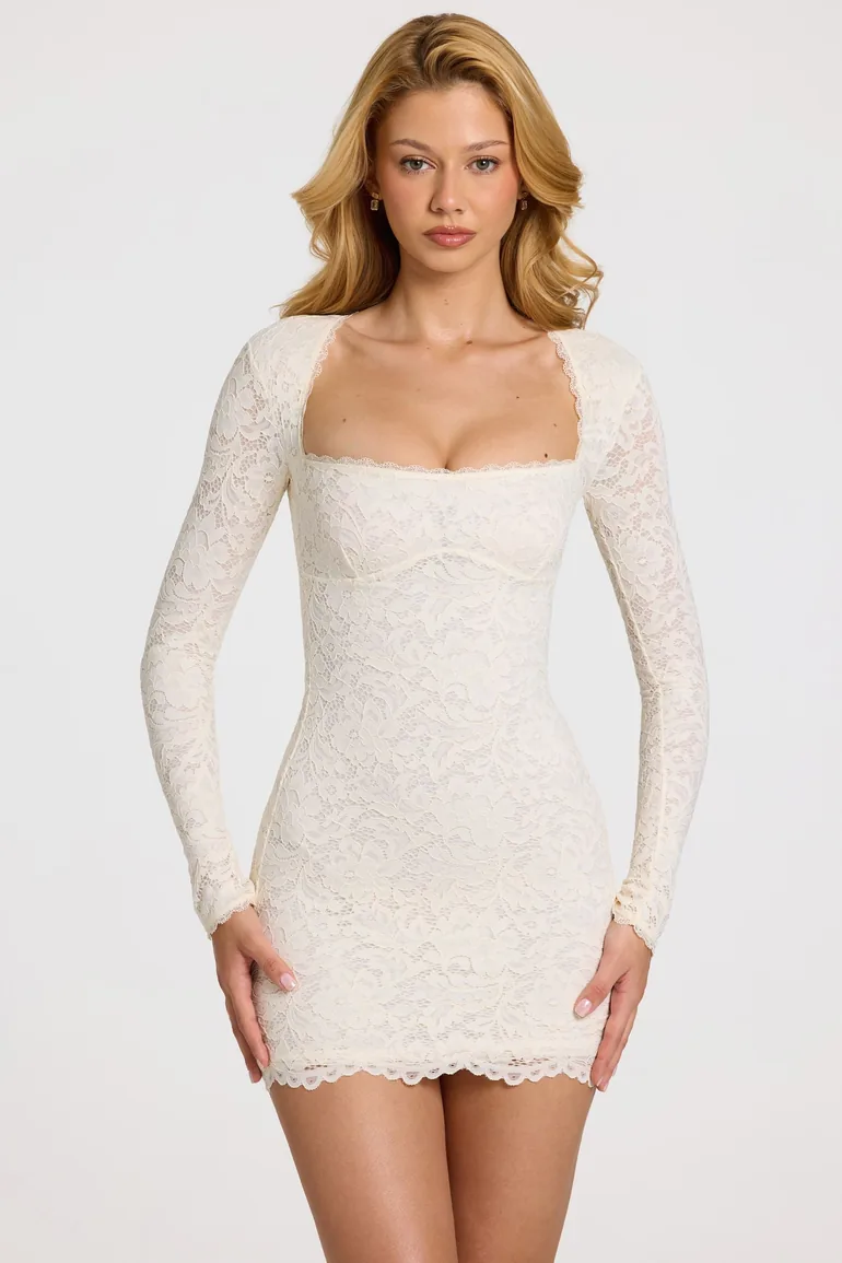 Scalloped-Lace Long-Sleeve Mini Dress in White - 6