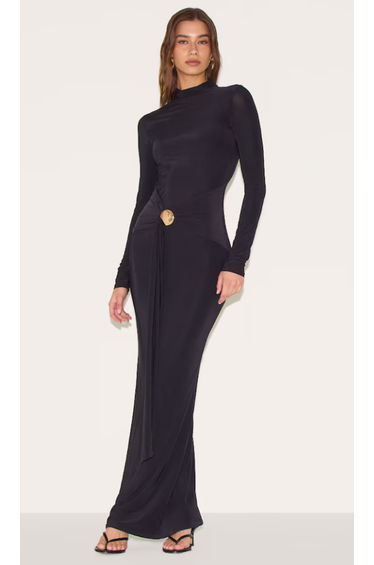 Black Slinky Belt Detail Maxi Dress