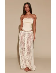 Petite Cream Sheer Lace Frill Split Maxi Skirt