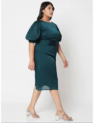 Plus Size Boat Neck Gathered Detail A-Line Midi Dress