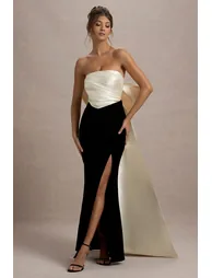 Take A Bow | Black & Cream Velvet Strapless Maxi Dress With Oversized Bow