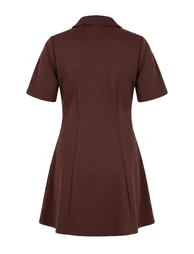 Brown Polo Collar Skater/Waist Opening Mini Knitted Plus Size Dress - 5