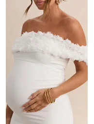 Inflorescence | White Mesh Floral Bardot Maternity Maxi Dress - 6
