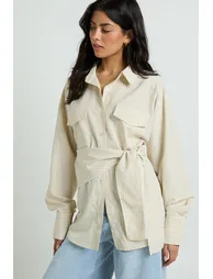 Oversized Woven Stripe Shirt With Waist Tie - lemon