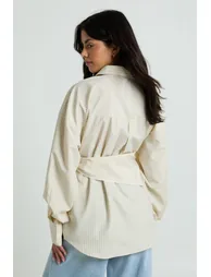 Oversized Woven Stripe Shirt With Waist Tie - lemon - 1