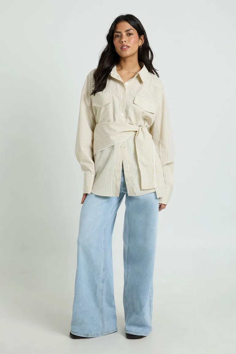 Oversized Woven Stripe Shirt With Waist Tie - lemon - 2