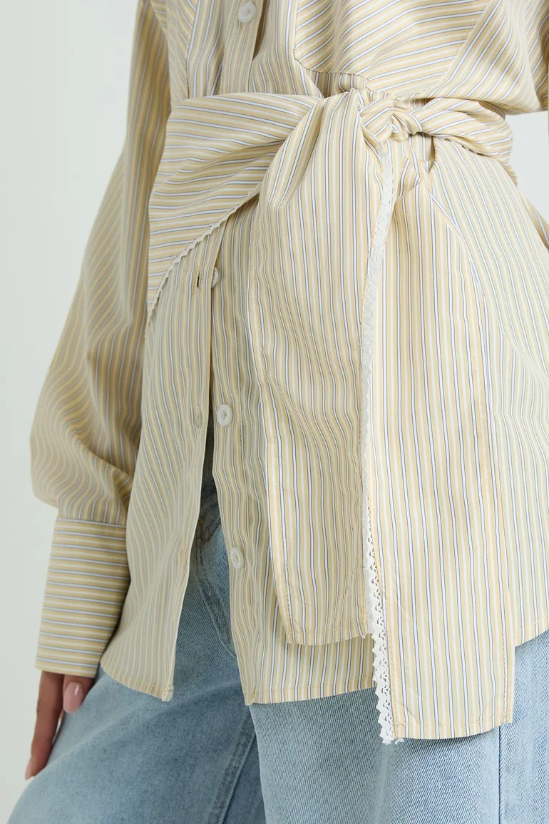 Oversized Woven Stripe Shirt With Waist Tie - lemon - 3