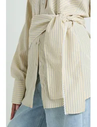 Oversized Woven Stripe Shirt With Waist Tie - lemon - 3