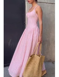 Stripes Print Round Neck Pocket Sleeveless Maxi Dress - 1