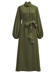 Refined Twist Knot Collar Maxi Dress with Tassel Sash in Army Green - 4