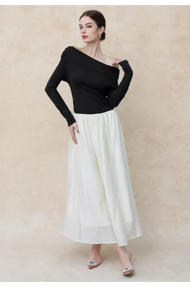 Folded Slant Shoulder Spliced Maxi Dress in Black