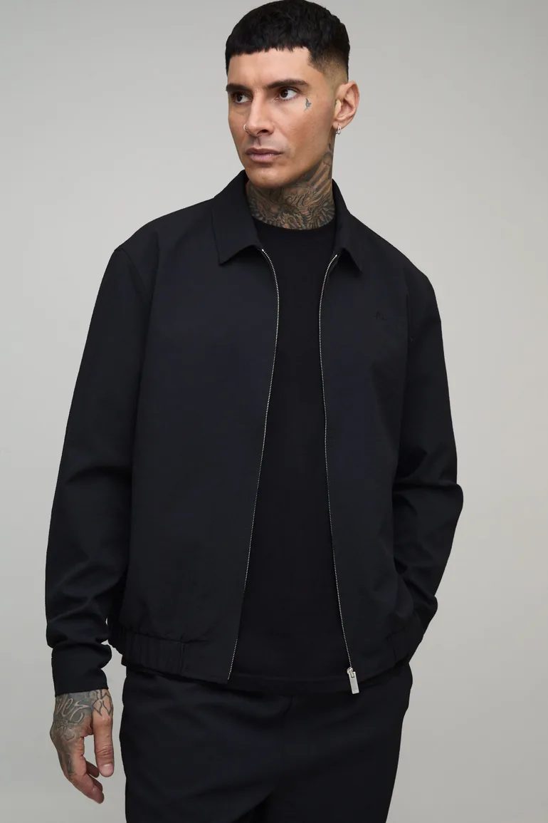 Tall Textured Woven Seersucker Zip Up Harrington Overshirt - black