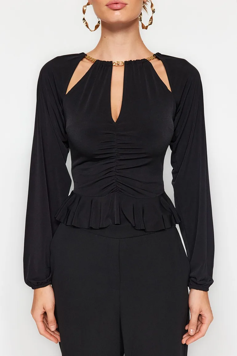 Black Window/Cut Out Detailed Blouse with Accessories - 3