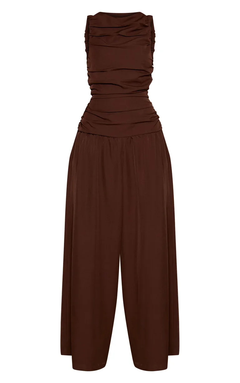 Chocolate Woven Ruched Drop Waist Jumpsuit - 4