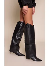 Black PU Heeled Fold Over Knee High Boot - 5