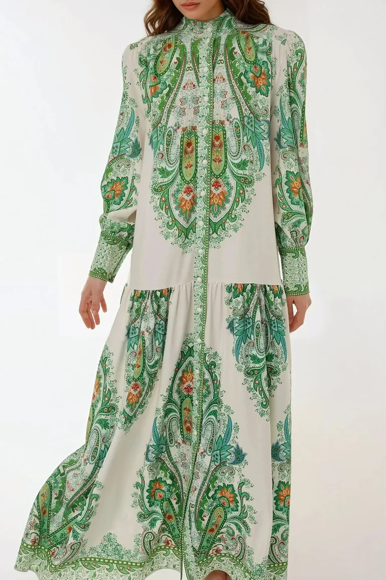 Printed Long Sleeve Maxi Dress - 2