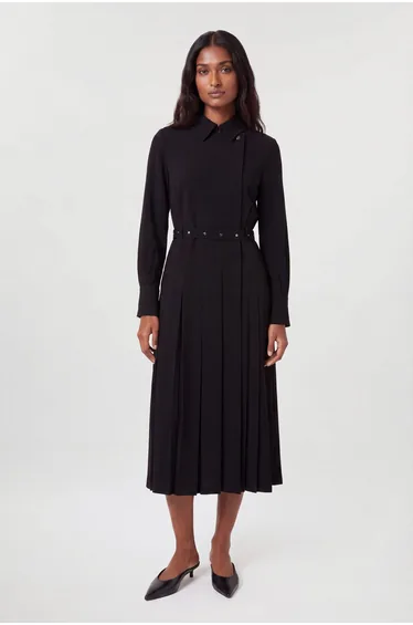 Tailored Crepe Pleated Kilted Midi Dress