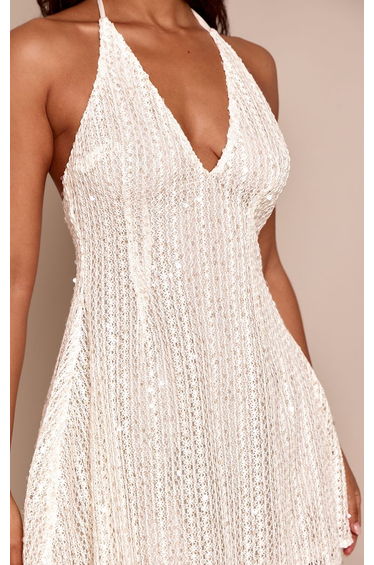 Petite Cream Textured Sequin Halterneck Tie Neck Shift Mini Dress product thumbnail 4
