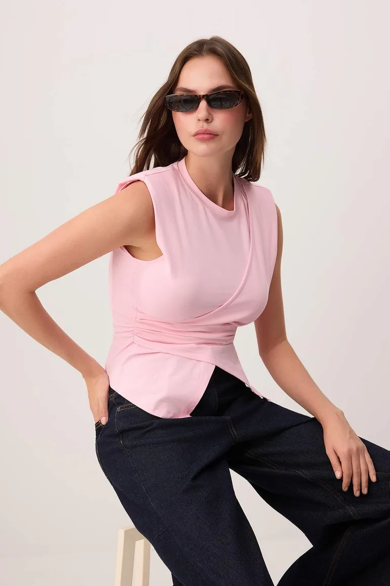 Light Pink Fitted/Sleeveless Asymmetrical Cotton Stretch Knitted Blouse - 1