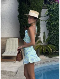 Sasha Co-ord Gathered Mini-Skirt -Mint-Blue Floral - 1