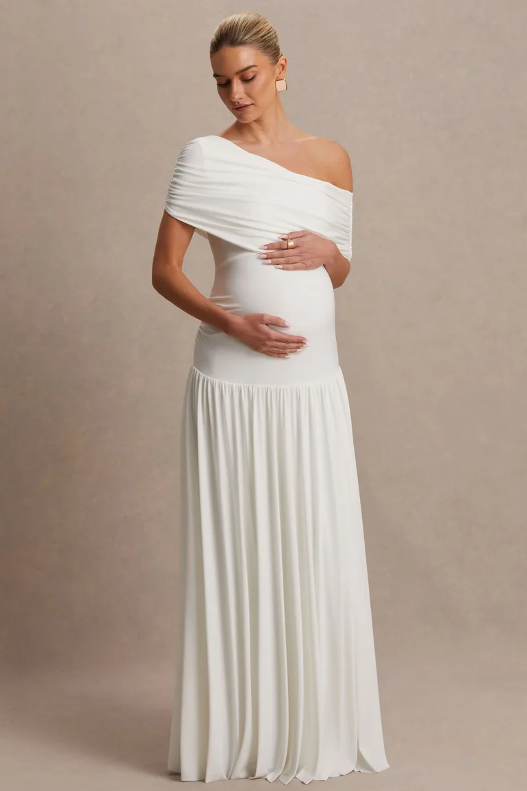 Noah | White Asymmetric-Neck Maternity Maxi Dress With Drop-Waist - 4