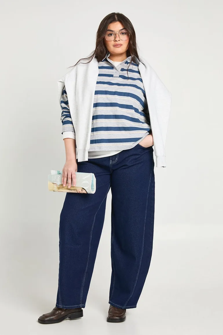 Plus Stripe Collared T-Shirt - navy