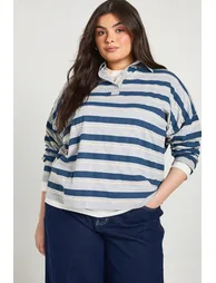 Plus Stripe Collared T-Shirt - navy - 1