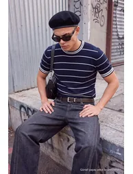 Navy Blue Regular/Normal Cut Striped Knitwear T-Shirt - 5