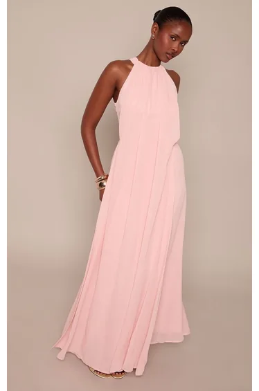 Pink Chiffon Extreme Pleated Maxi Dress