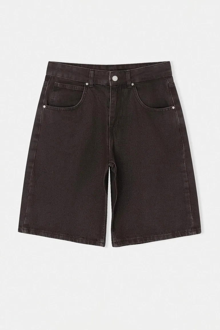 Brown Vintage Washed High Waist Denim Bermuda - 4