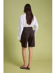 Brown Vintage Washed High Waist Denim Bermuda - 2