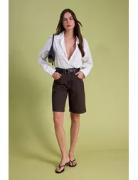 Brown Vintage Washed High Waist Denim Bermuda - 1