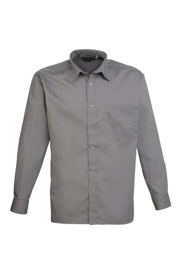 Premier Mens Long Sleeve Formal Plain Work Poplin Shirt - Dark Grey