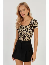 Women's Camel-Black Square Neck Leopard Patterned Blouse - 4
