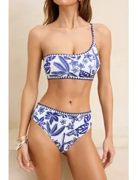 Multi-Colored Tropical One-Shoulder Embroidered Diver/Scuba High-Waist Bikini Set - 4