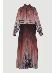 Crinkle Pleat Border Floral Button Front Woven Maxi Dress - 3