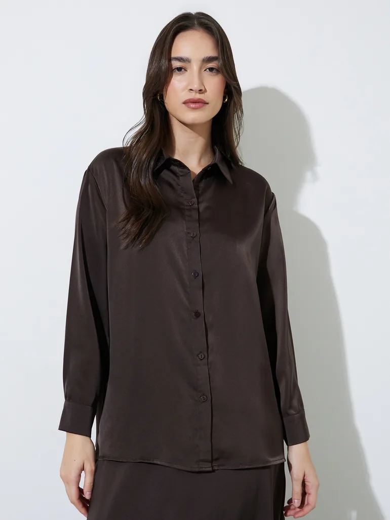 Brown Solid Long Lined Oversized Satin Shirt - 2