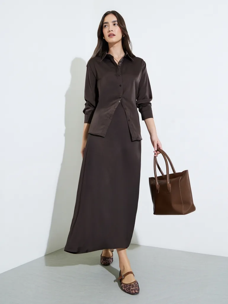 Brown Solid Long Lined Oversized Satin Shirt - 1