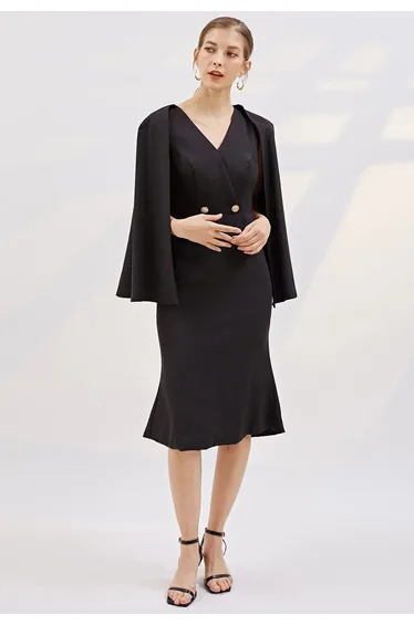 Golden Button Cape Sleeve Cocktail Dress in Black