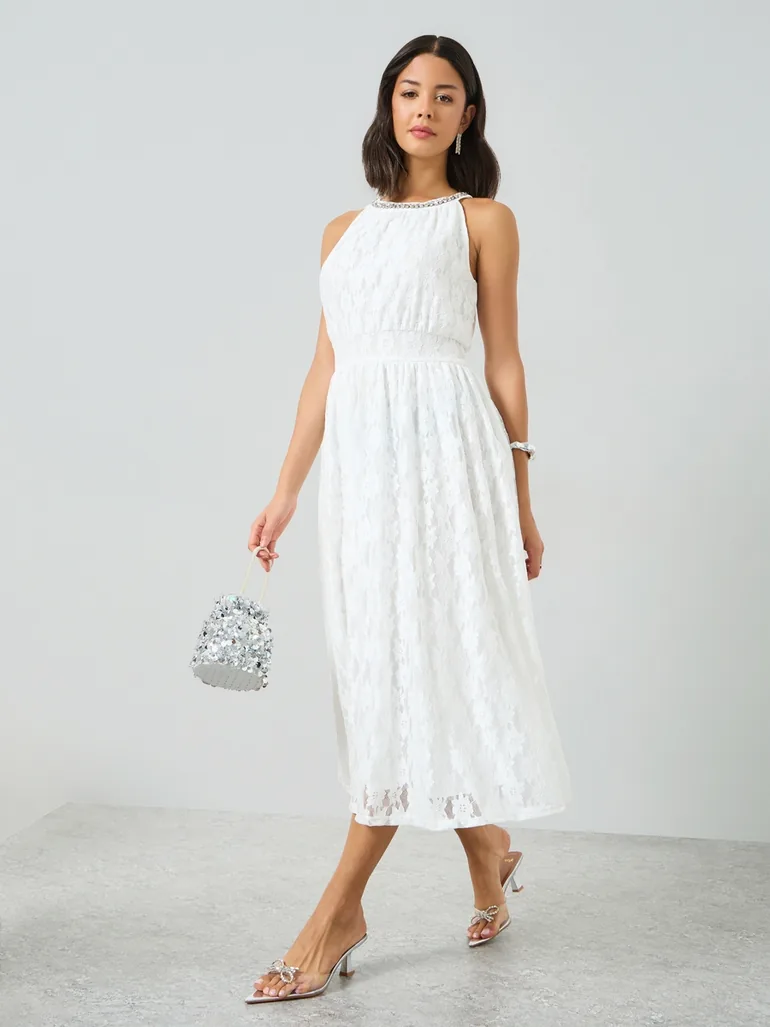 White Lace Midi Dress with Embellishement