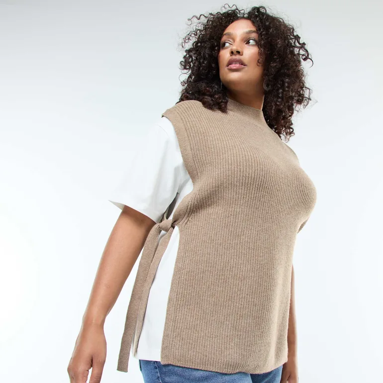 2-in-1 Effect Sweater with Tie Details BEIGE