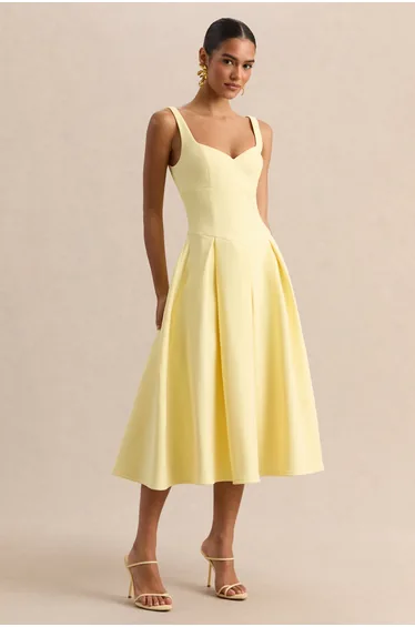 Greta | Lemon Sweetheart-Neck Midi Dress