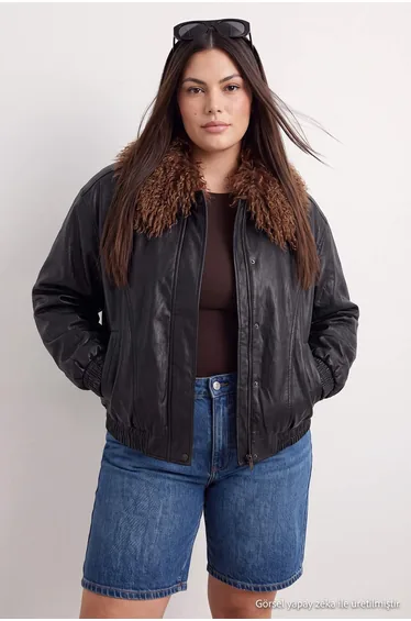 Black Oversize Molded Detachable Fur Collar Soft Faux Leather Plus Size Jacket Coat