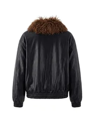 Black Oversize Molded Detachable Fur Collar Soft Faux Leather Plus Size Jacket Coat - 7