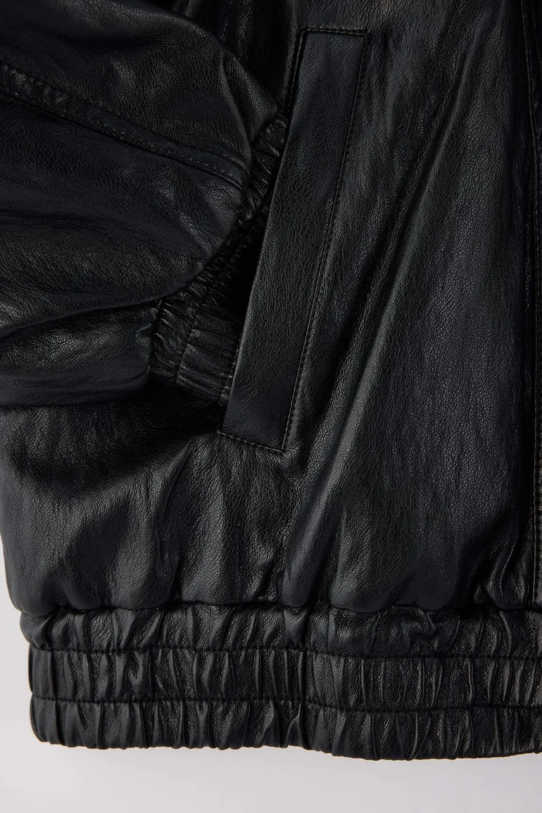 Black Oversize Molded Detachable Fur Collar Soft Faux Leather Plus Size Jacket Coat - 5