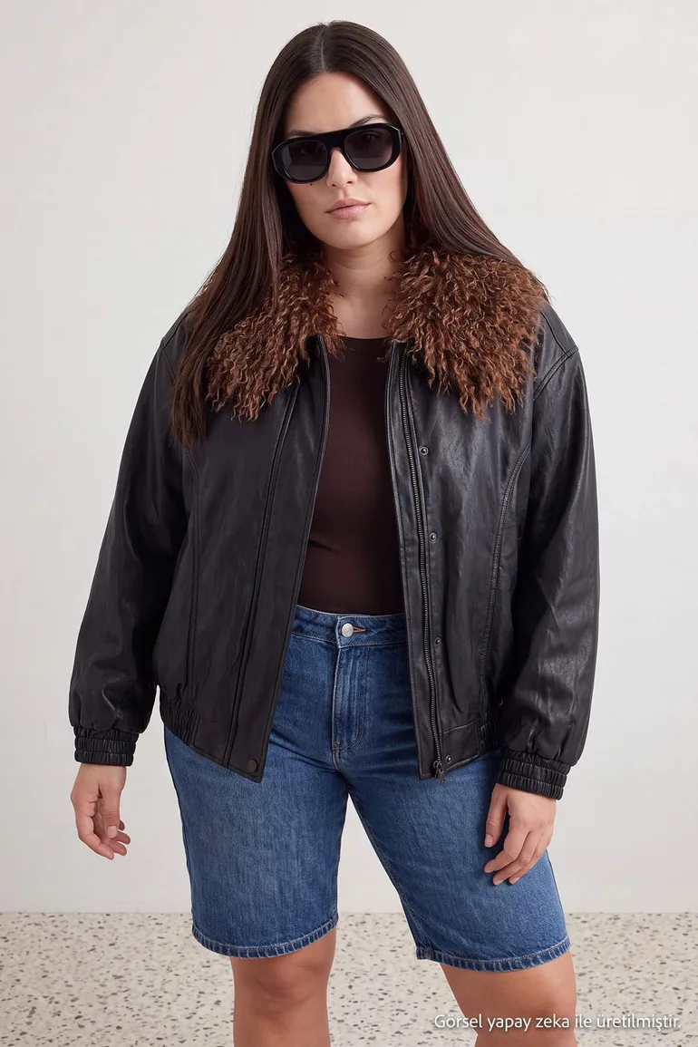 Black Oversize Molded Detachable Fur Collar Soft Faux Leather Plus Size Jacket Coat - 8