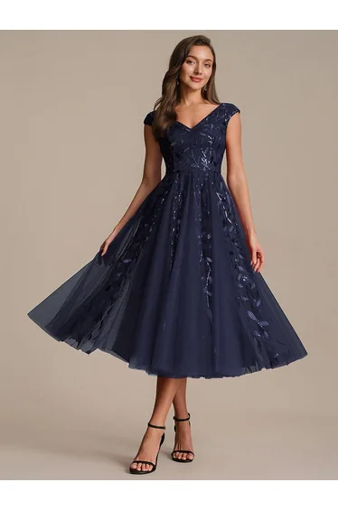 V-Neck Midi Sequin Sleeveless Wedding Guest Dress