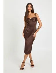 Ruched Cup Satin Midi Dress - chocolate